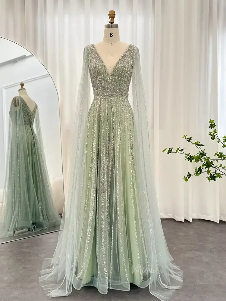 prom dresses 2025 Beaded V-neck Prom Dresses Cape Sleeve Gatsby Formal Dresses 20017B-plus size wedding dresses Viniodress-Light Green-US 2-