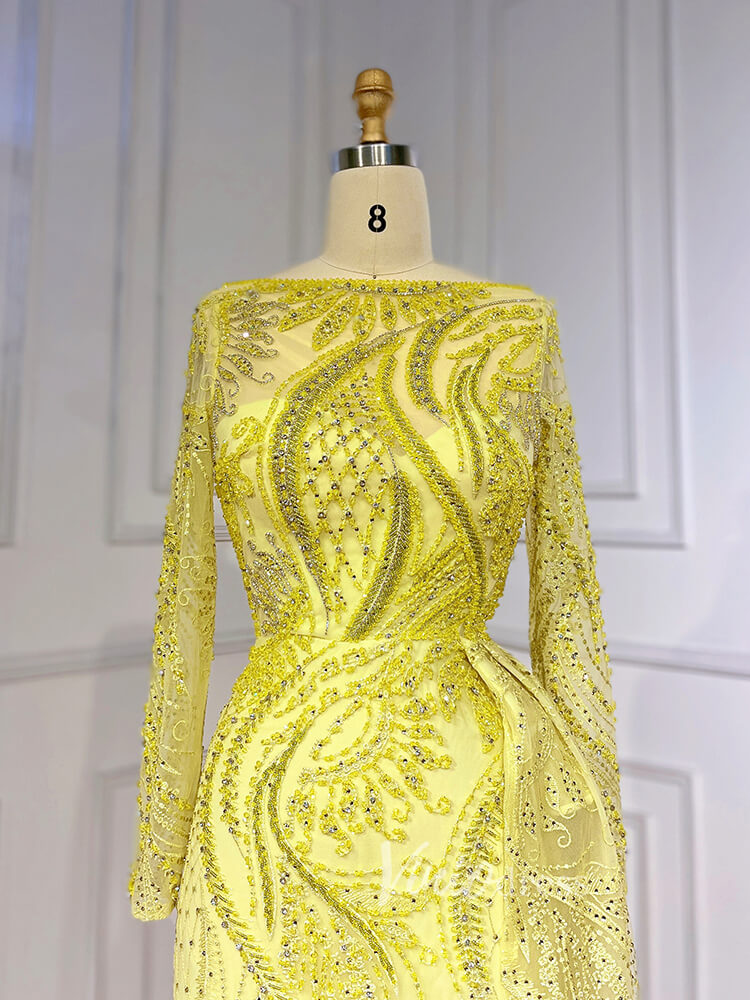 Prom Dress 2025 Beaded Yellow Lace Evening Dress Long Sleeve Sheath Prom Dresses 20024-unique prom dresses-As Picture-US 2-Viniodress