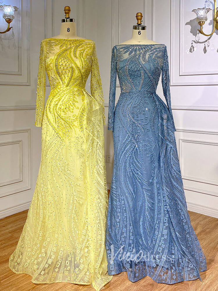 Prom Dress 2025 Beaded Yellow Lace Evening Dress Long Sleeve Sheath Prom Dresses 20024-unique prom dresses-As Picture-US 2-Viniodress