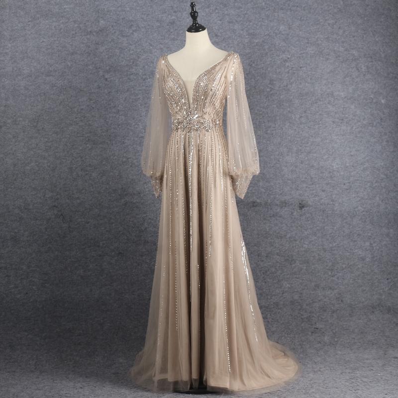 Prom Dress 2025 Bishop Sleeve V-neck Beaded Prom Dresses Vinodress FD2604-unique Prom Dresses-Taupe-US2-Viniodress