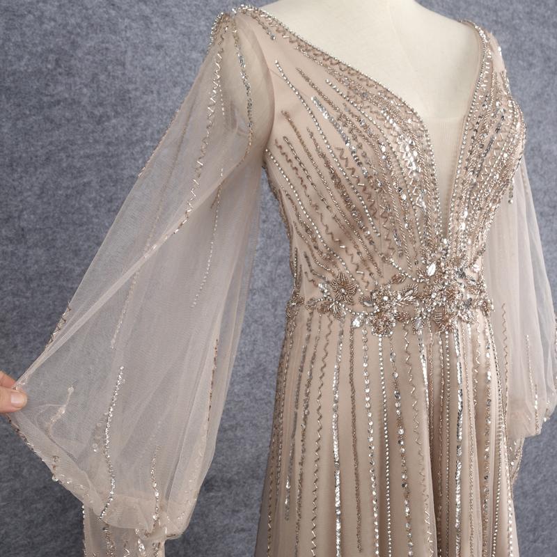 Prom Dress 2025 Bishop Sleeve V-neck Beaded Prom Dresses Vinodress FD2604-unique Prom Dresses-Taupe-US2-Viniodress