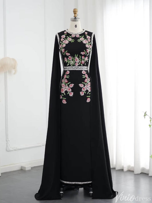 Prom Dress 2025 Black Caped Evening Gown Beaded Floral Wedding Guest Dresses FD1429-unique prom dresses-Black-US 2-Viniodress