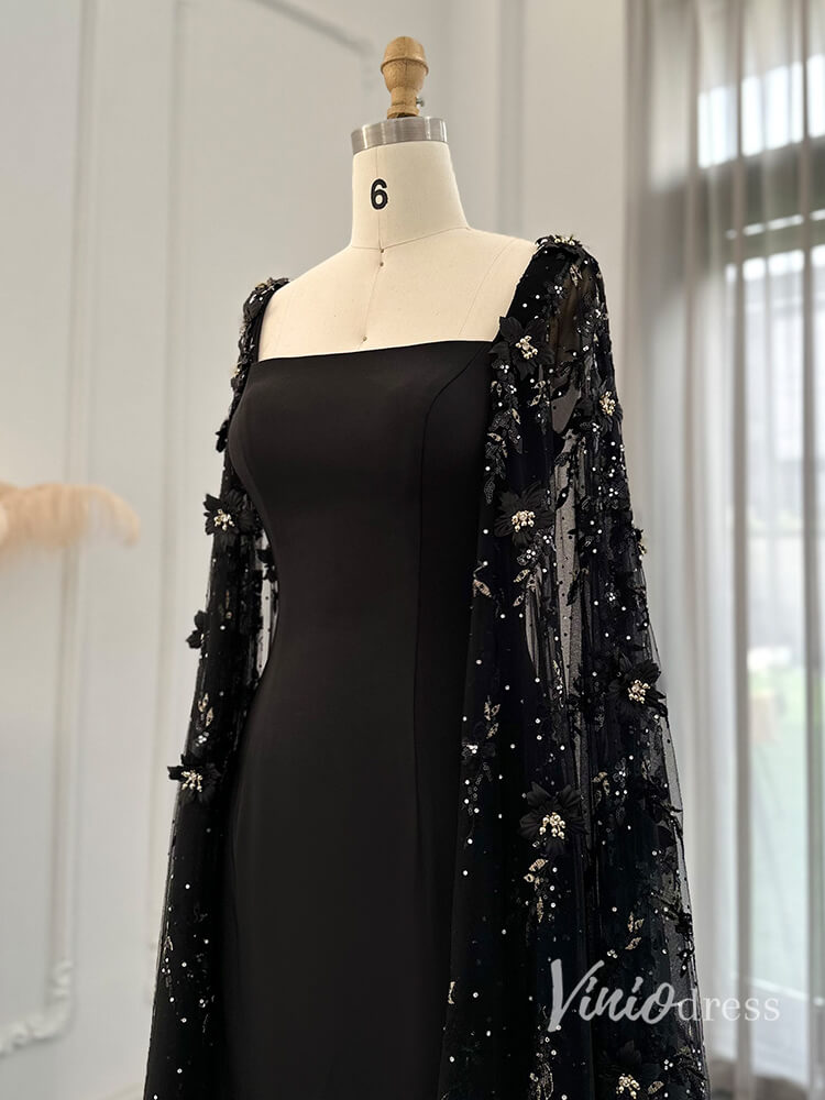 Prom Dress 2025 Black Mermaid Evening Dresses Beaded Floral Extra Long Sleeve Pageant Dress AD1161-unique prom dresses-Black-US 2-Viniodress