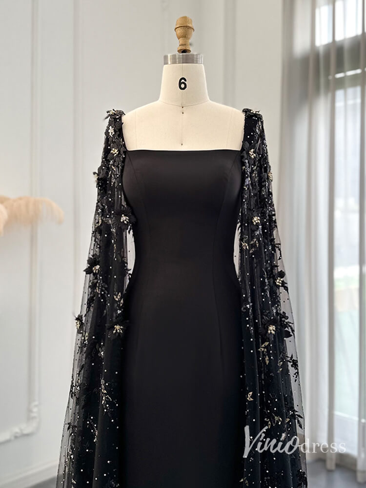 Prom Dress 2025 Black Mermaid Evening Dresses Beaded Floral Extra Long Sleeve Pageant Dress AD1161-unique prom dresses-Black-US 2-Viniodress