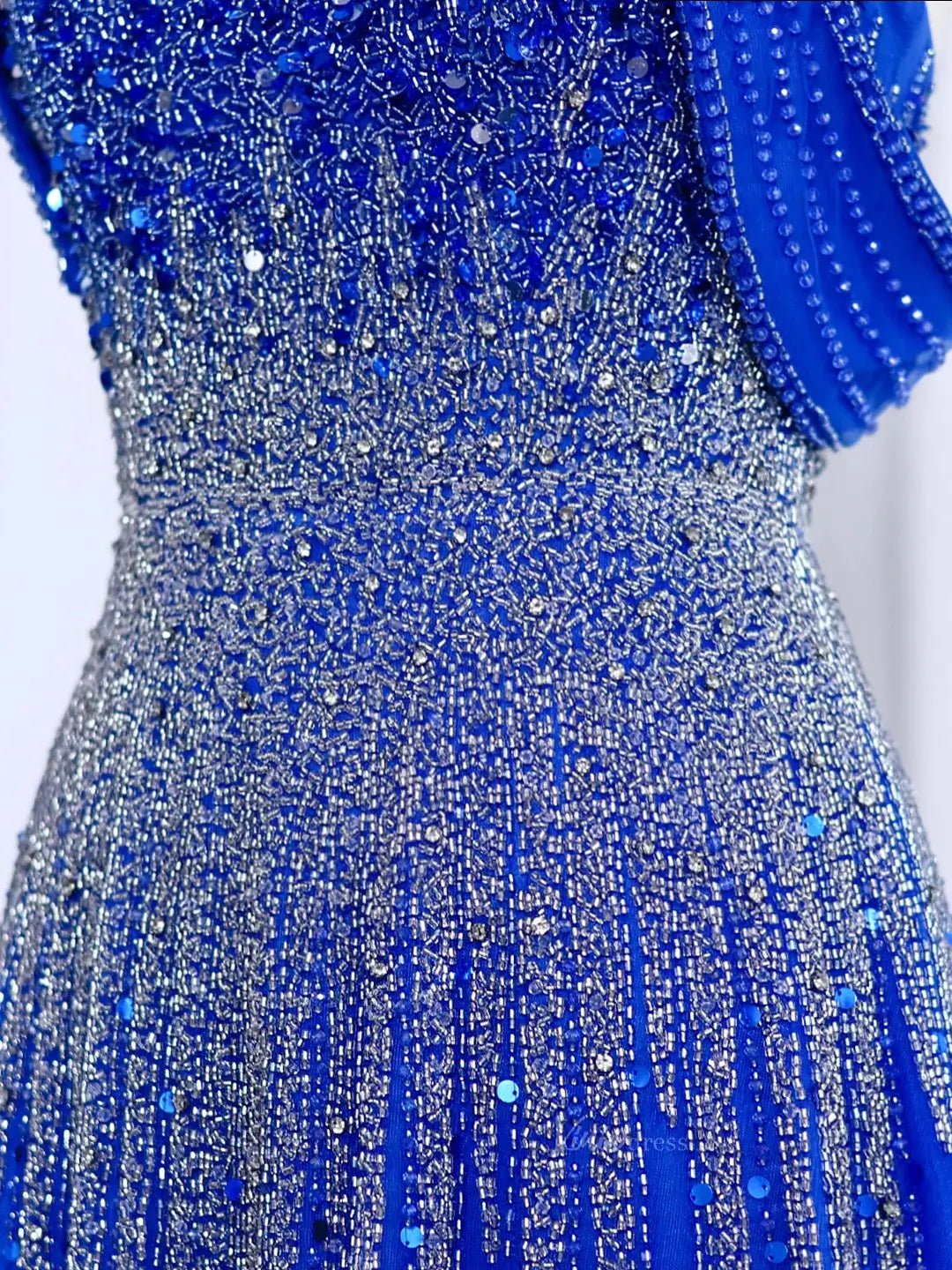 Blue Beaded Prom Dresses Off the Shoulder A - line Formal Dresses BD004 - ViniodressEvening DressesBlueUS 2 - Formal Dresses - Ball Gowns