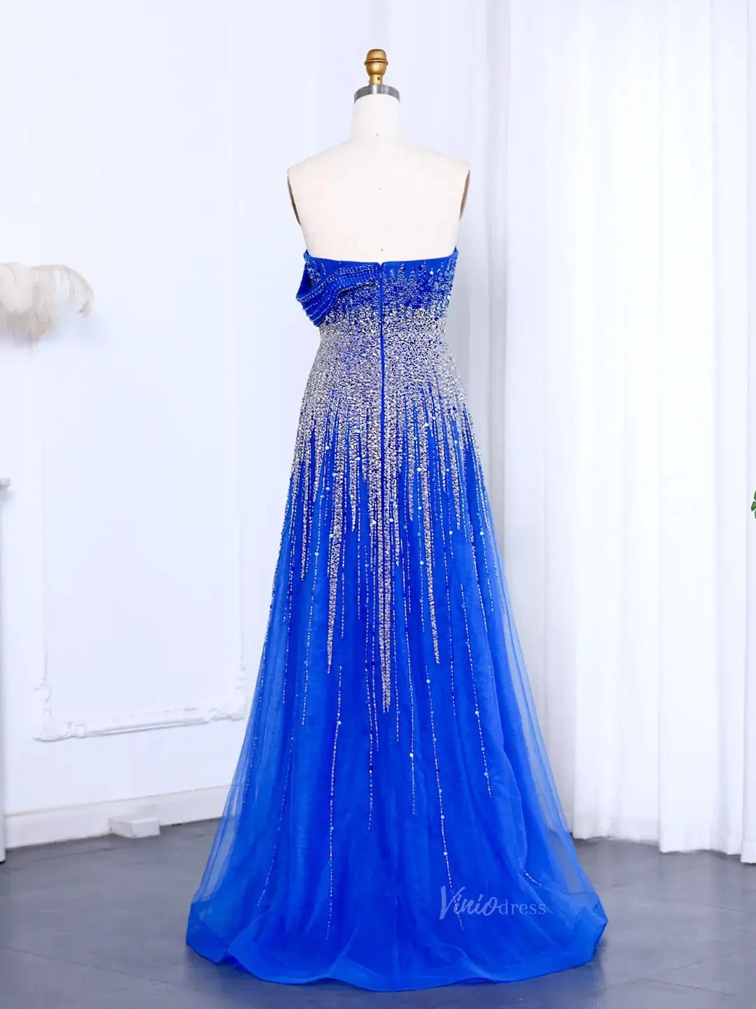 Blue Beaded Prom Dresses Off the Shoulder A - line Formal Dresses BD004 - ViniodressEvening DressesBlueUS 2 - Formal Dresses - Ball Gowns