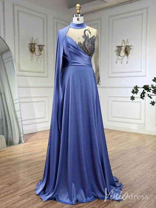 Blue Satin Long Sleeve Prom Dresses Sheer Beaded Lace Formal Dress AD1234 - ViniodressEvening DressesBlueUS 2 - Formal Dresses - Ball Gowns