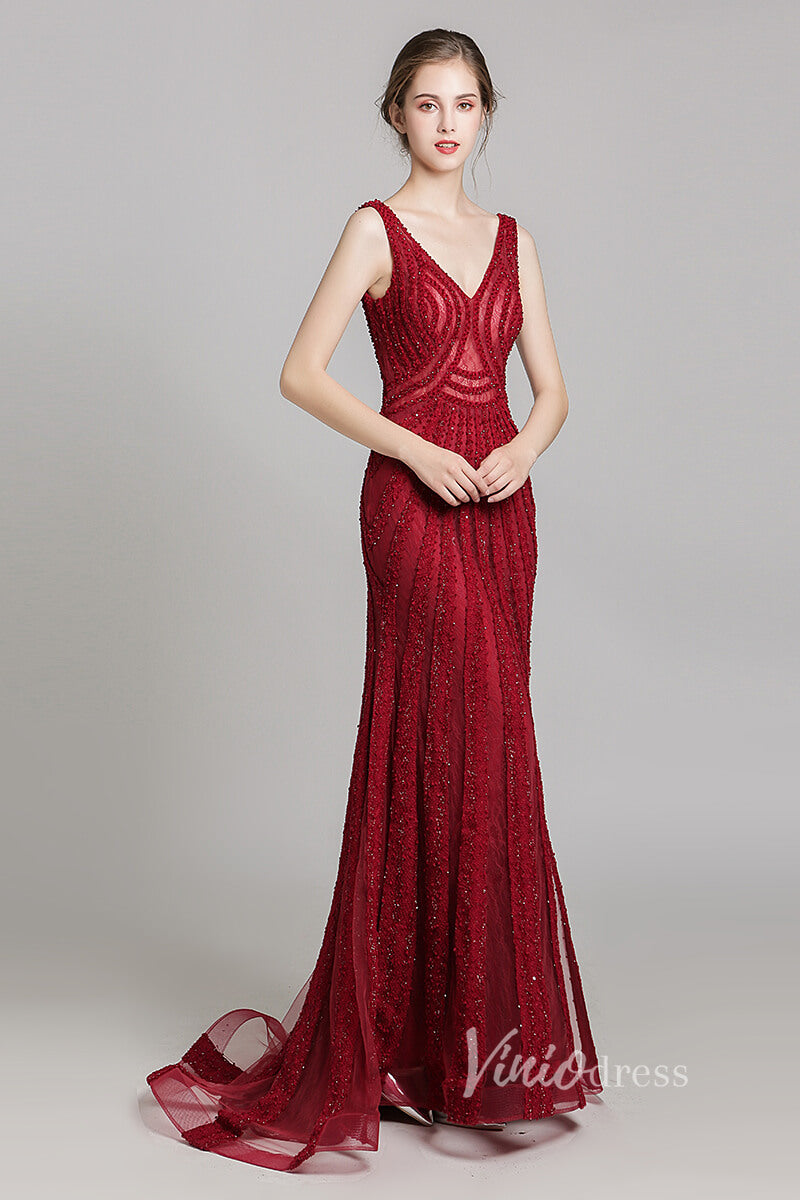 Prom Dress 2025 Burgundy Beaded Long Prom Dresses V-neck Formal Dress FD2473-unique prom dresses-Burgundy-US 2-Viniodress