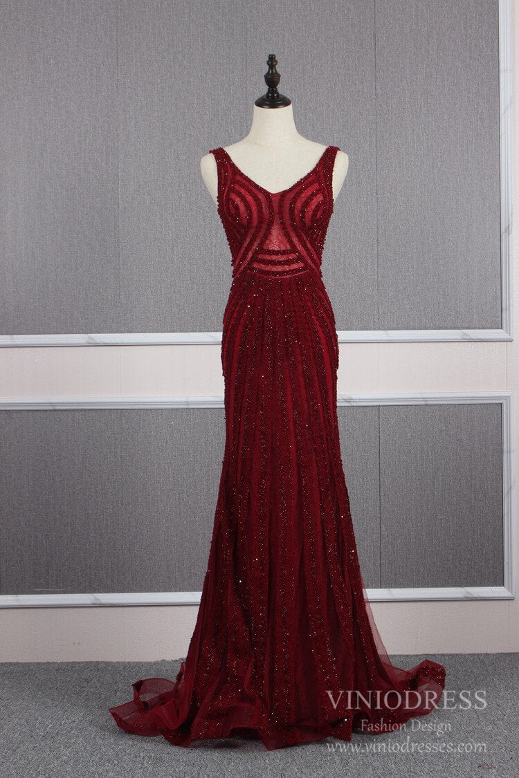 Prom Dress 2025 Burgundy Beaded Long Prom Dresses V-neck Formal Dress FD2473-unique prom dresses-Burgundy-US 2-Viniodress