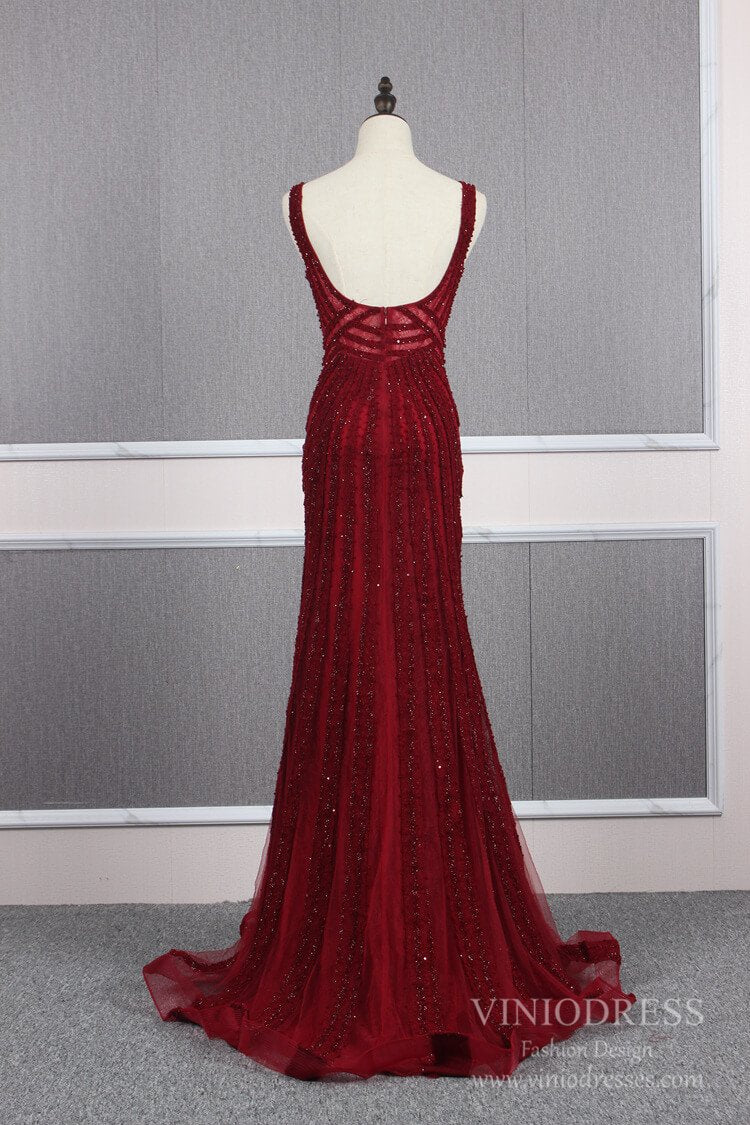 Prom Dress 2025 Burgundy Beaded Long Prom Dresses V-neck Formal Dress FD2473-unique prom dresses-Burgundy-US 2-Viniodress