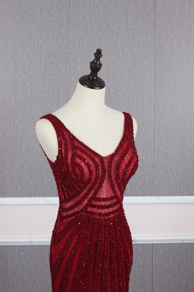 Prom Dress 2025 Burgundy Beaded Long Prom Dresses V-neck Formal Dress FD2473-unique prom dresses-Burgundy-US 2-Viniodress