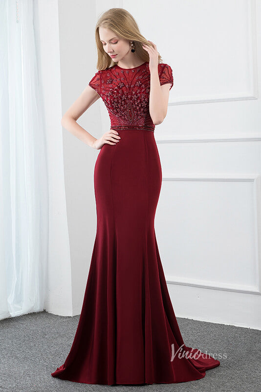 Prom Dress 2025 Burgundy Mermaid Prom Dresses Beaded Cap Sleeve Evening Dress FD2813-unique prom dresses-Burgundy-US 2-Viniodress