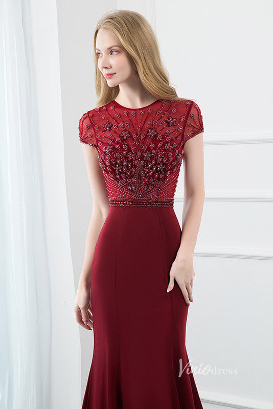 Prom Dress 2025 Burgundy Mermaid Prom Dresses Beaded Cap Sleeve Evening Dress FD2813-unique prom dresses-Burgundy-US 2-Viniodress