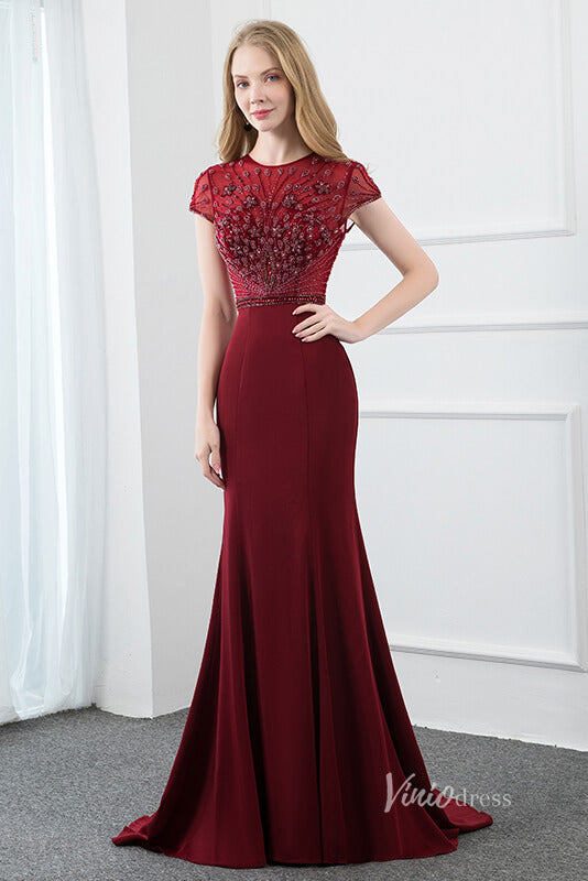 Prom Dress 2025 Burgundy Mermaid Prom Dresses Beaded Cap Sleeve Evening Dress FD2813-unique prom dresses-Burgundy-US 2-Viniodress