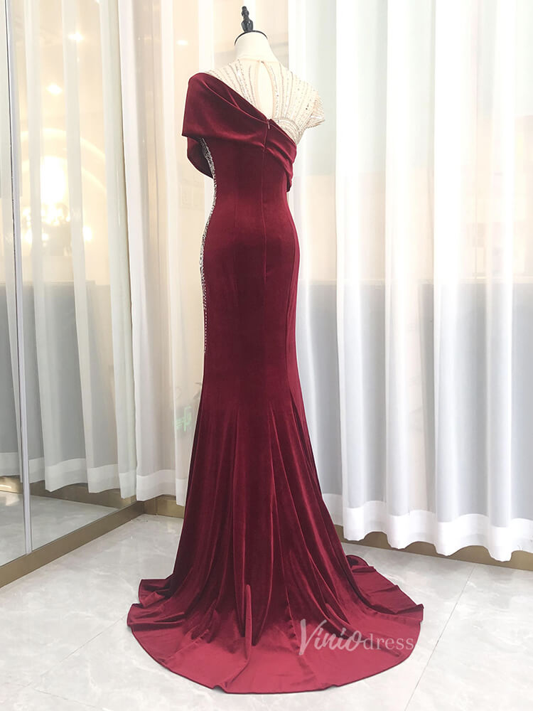 Prom Dress 2025 Burgundy Velvet Sheath Prom Dresses Beaded Evening Dress FD2608-unique Prom Dresses-Burgundy-US2-Viniodress