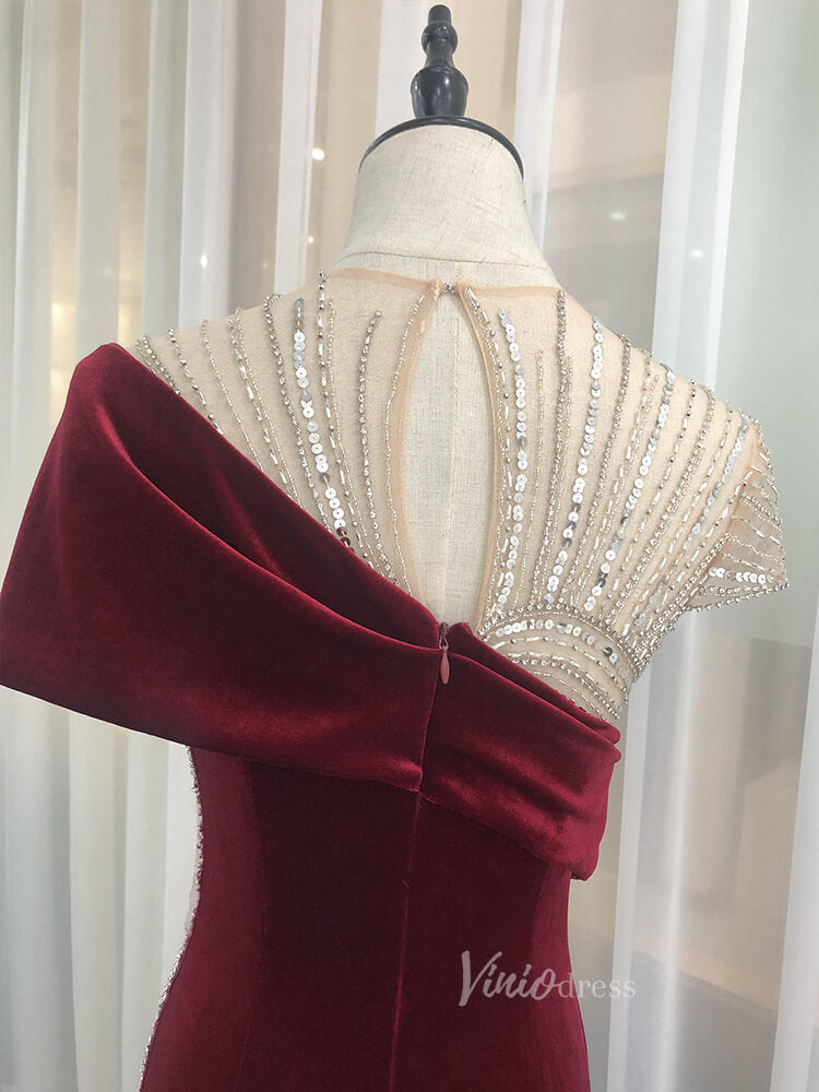 Prom Dress 2025 Burgundy Velvet Sheath Prom Dresses Beaded Evening Dress FD2608-unique Prom Dresses-Burgundy-US2-Viniodress