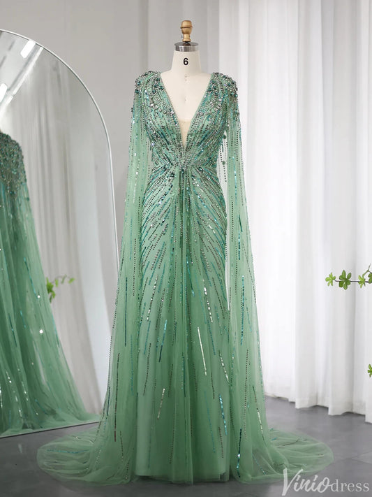 Cape Sleeve Prom Dresses Beaded V - Neck Wedding Guest Dress AD1258 - ViniodressEvening DressesLight GreenUS 2 - Formal Dresses - Ball Gowns