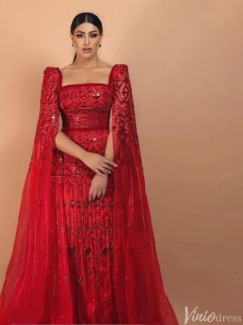 Prom Dress 2025 Caped Beaded Wedding Guest Dress Square Neck Evening Gown FD1427-unique prom dresses-Red-US 2-Viniodress