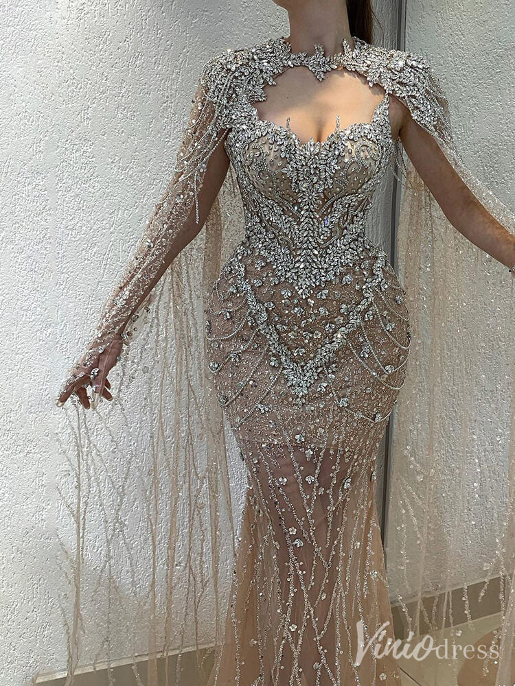 Prom Dress 2025 Champagne Beaded Lace Mermaid Prom Dresses Sheer Cape Sleeve Pageant Dress 20212-unique prom dresses-Champagne-US 2-Viniodress