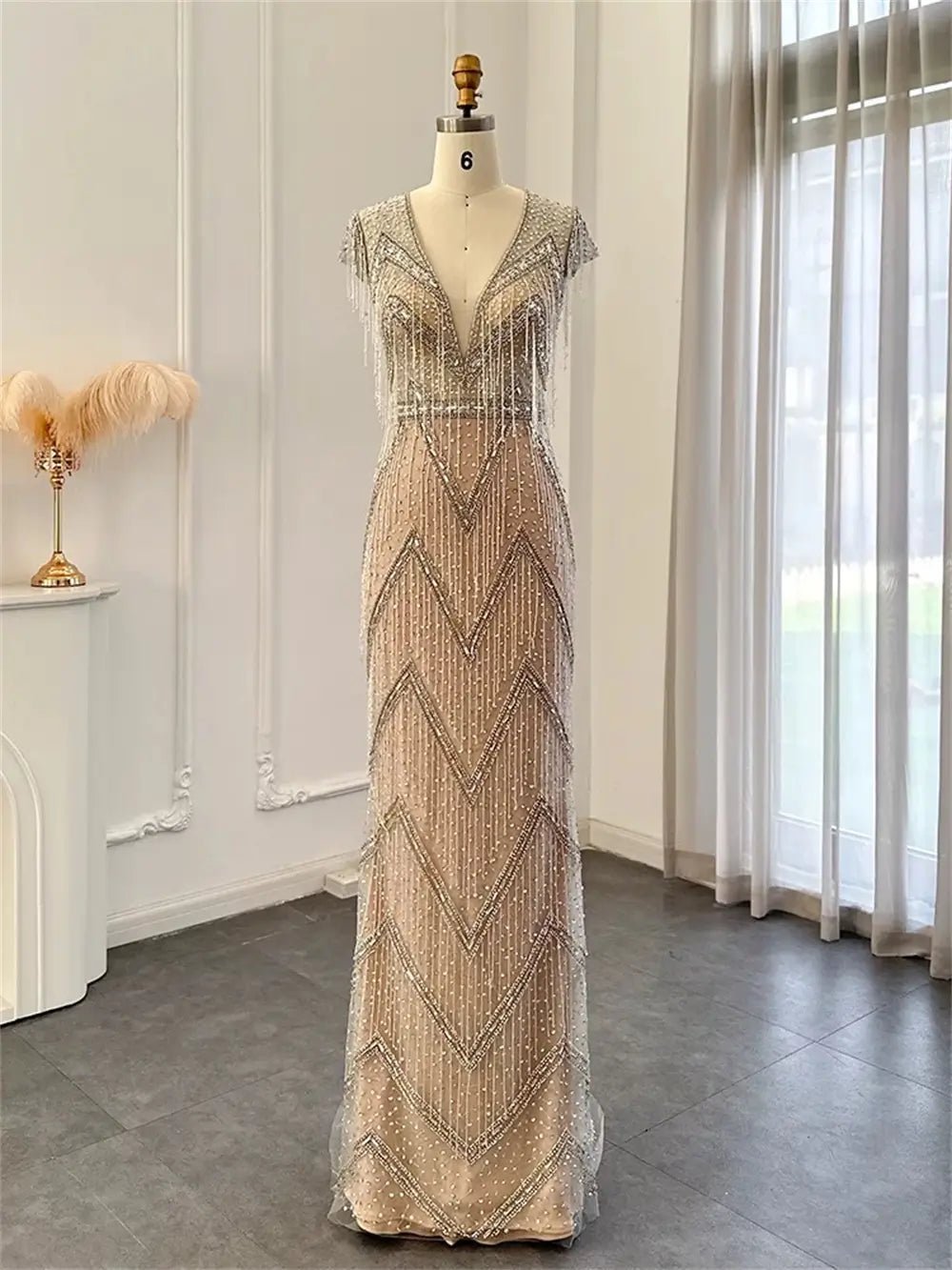 Champagne Beaded String Prom Dresses Sheath V - Neck Pageant Dress AD1192 - ViniodressEvening DressesChampagneUS 2 - Formal Dresses - Ball Gowns