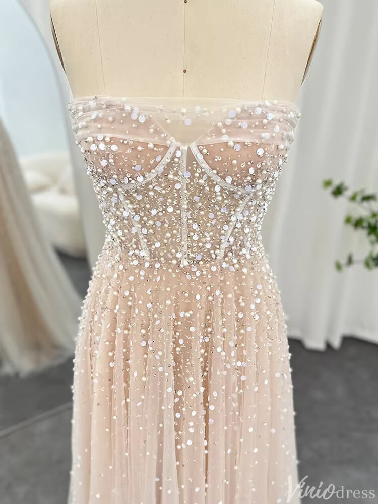 Prom Dress 2025 Champagne Pearl Prom Dresses Strapless Wedding Guest Dress FD1424-unique prom dresses-Champagne-US 2-Viniodress