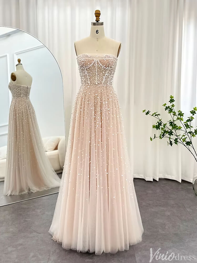 Prom Dress 2025 Champagne Pearl Prom Dresses Strapless Wedding Guest Dress FD1424-unique prom dresses-Champagne-US 2-Viniodress