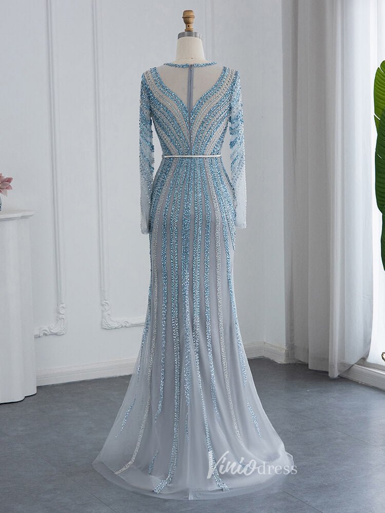 Dusty Blue Beaded Prom Dresses Long Sleeve Mermaid Evening Dress 20097 - ViniodressEvening DressesDusty BlueUS 2 - Formal Dresses - Ball Gowns