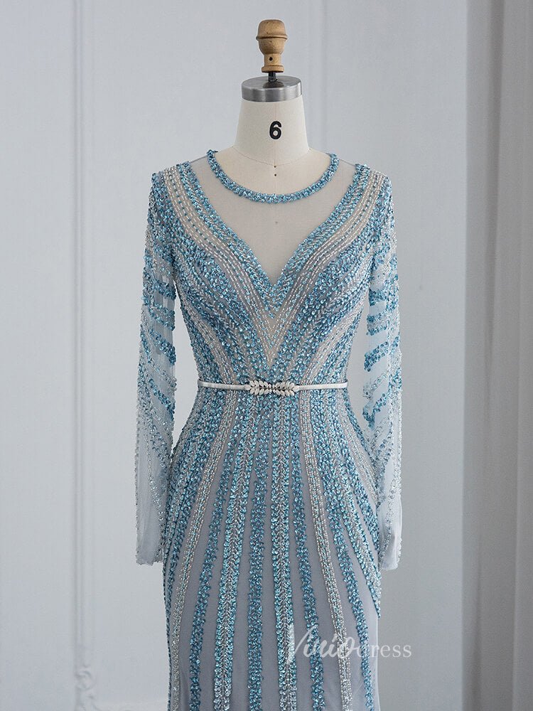 Dusty Blue Beaded Prom Dresses Long Sleeve Mermaid Evening Dress 20097 - ViniodressEvening DressesDusty BlueUS 2 - Formal Dresses - Ball Gowns