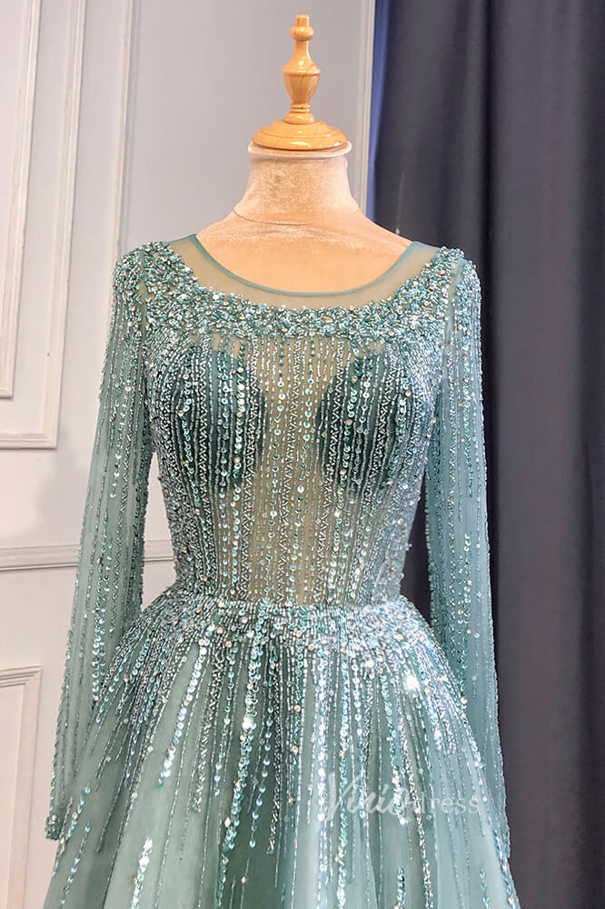 Prom Dress 2025 Dusty Blue Beaded Tea Length Evening Dresses Long Sleeve Prom Dress FD3011-unique prom dresses-Dusty Blue-US 2-Viniodress