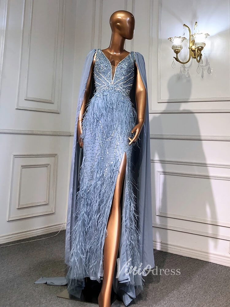 Prom Dress 2025 Dusty Rose Pink Beaded Feather Prom Dressses Chiffon Cape Evening Dress 20003-unique prom dresses-Dusty Blue-US 2-Viniodress