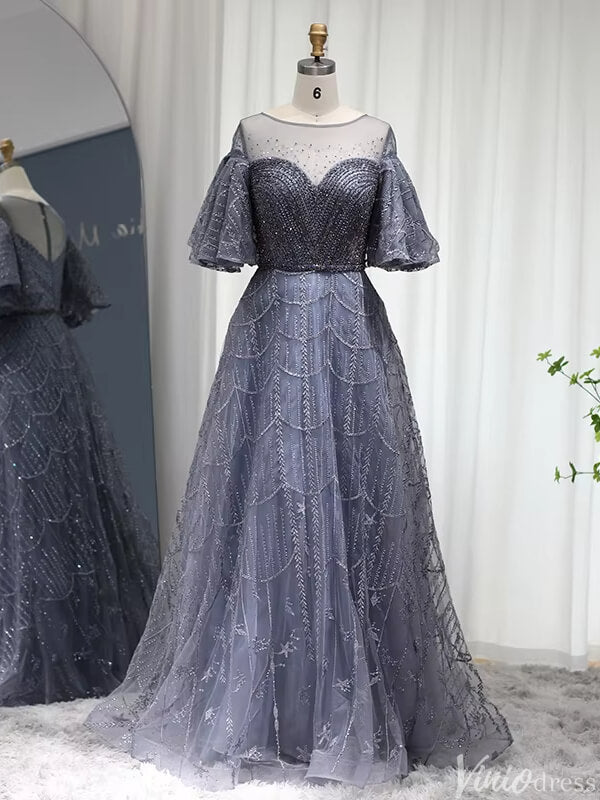 Prom Dress 2025 Elbow Sleeve Wedding Guest Dresses Beaded Lace Mother of Brides Gown 20250-unique prom dresses-Dusty Blue-US 2-Viniodress