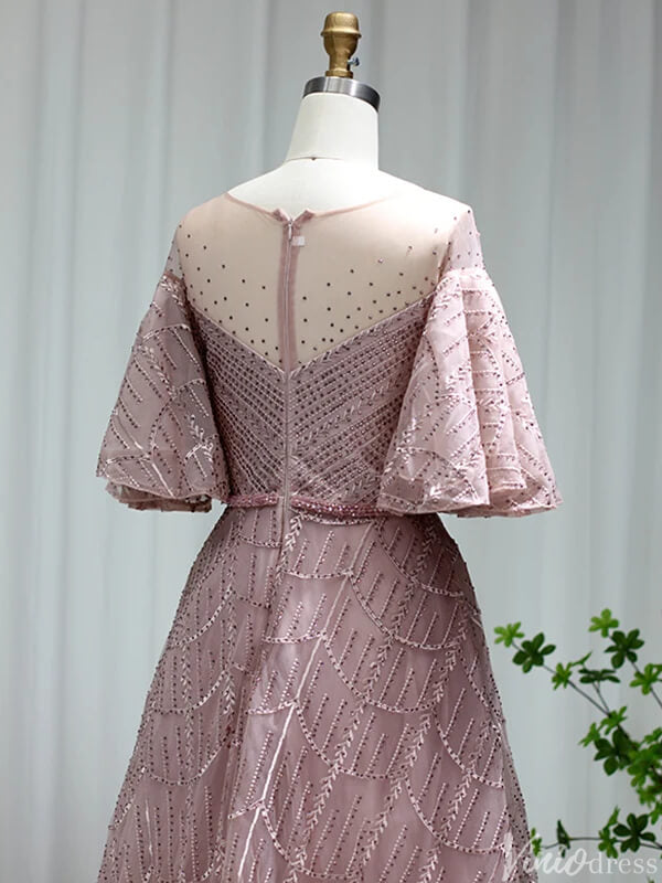 Prom Dress 2025 Elbow Sleeve Wedding Guest Dresses Beaded Lace Mother of Brides Gown 20250-unique prom dresses-Dusty Rose-US 2-Viniodress