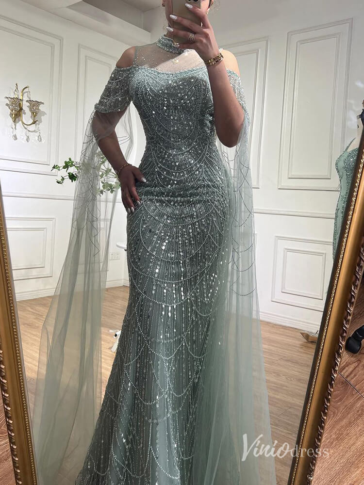 Elegant Beaded Evening Dresses Extra Long Sleeve Mother of the Bride Dresses AD1122 - ViniodressEvening DressesGreenUS 2 - Formal Dresses - Ball Gowns