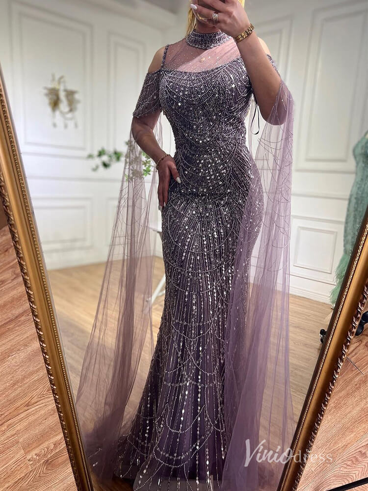 Elegant Beaded Evening Dresses Extra Long Sleeve Mother of the Bride Dresses AD1122 - ViniodressEvening DressesMauveUS 2 - Formal Dresses - Ball Gowns