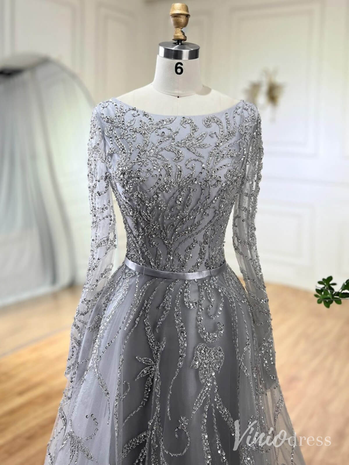 Elegant Beaded Lace Prom Dresses Long Sleeve Boat Neck Pageant Dress AD1235 - ViniodressEvening DressesGreyUS 2 - Formal Dresses - Ball Gowns