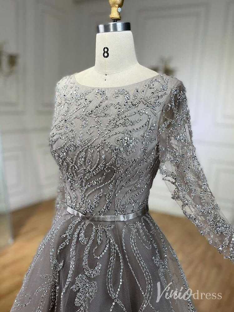 Elegant Beaded Lace Prom Dresses Long Sleeve Boat Neck Pageant Dress AD1235 - ViniodressEvening DressesGreyUS 2 - Formal Dresses - Ball Gowns