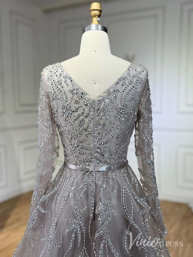 Elegant Beaded Lace Prom Dresses Long Sleeve Boat Neck Pageant Dress AD1235 - ViniodressEvening DressesGreyUS 2 - Formal Dresses - Ball Gowns