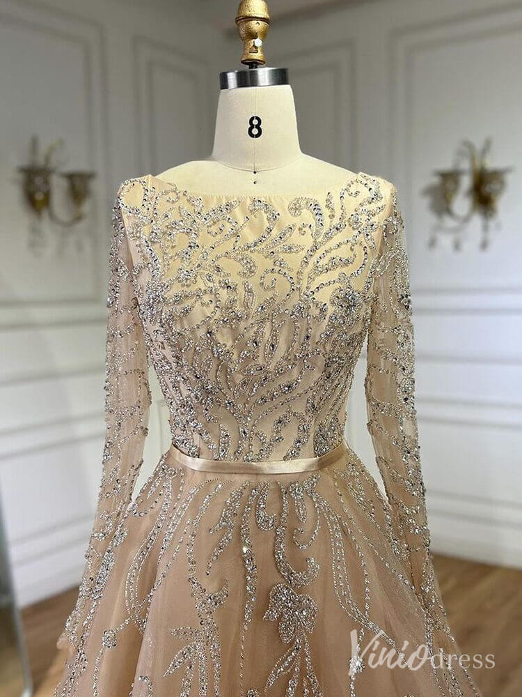 Elegant Beaded Lace Prom Dresses Long Sleeve Boat Neck Pageant Dress AD1235 - ViniodressEvening DressesChampagneUS 2 - Formal Dresses - Ball Gowns