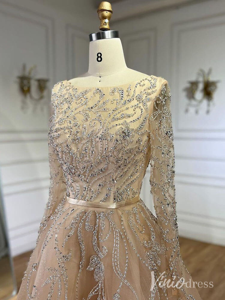 Elegant Beaded Lace Prom Dresses Long Sleeve Boat Neck Pageant Dress AD1235 - ViniodressEvening DressesChampagneUS 2 - Formal Dresses - Ball Gowns