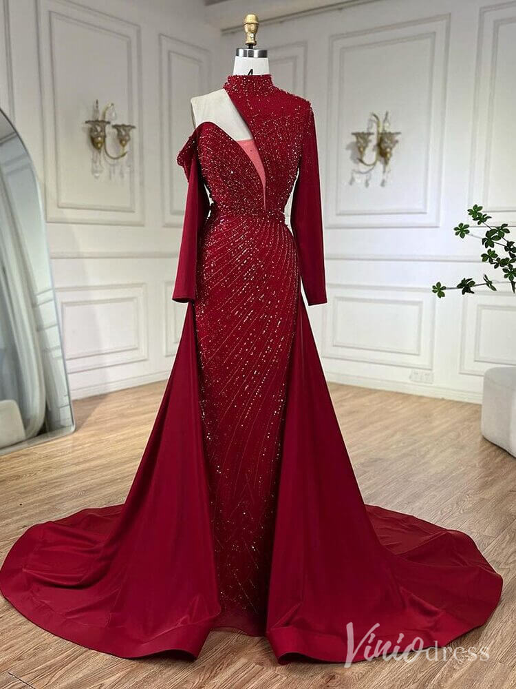 Elegant Beaded Mermaid Prom Dresses with Overskirt Long Sleeve Pageant Dress AD1238 - ViniodressEvening DressesBurgundyUS 2 - Formal Dresses - Ball Gowns