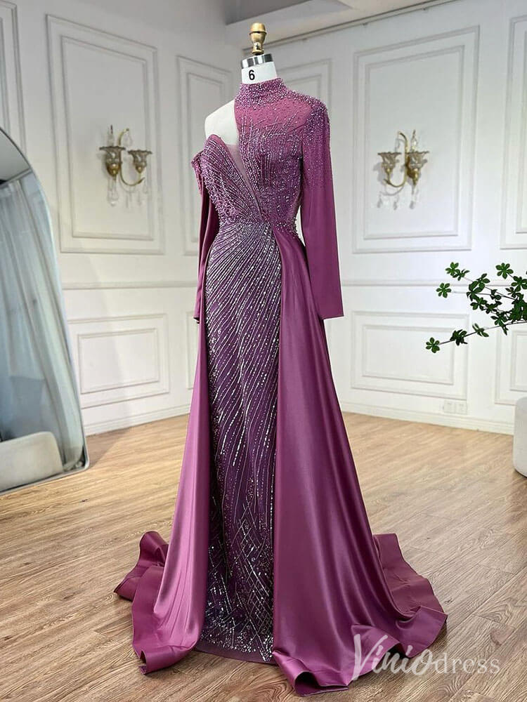 Elegant Beaded Mermaid Prom Dresses with Overskirt Long Sleeve Pageant Dress AD1238 - ViniodressEvening DressesMagentaUS 2 - Formal Dresses - Ball Gowns