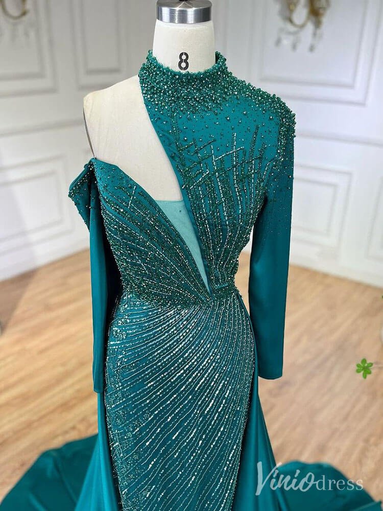 Elegant Beaded Mermaid Prom Dresses with Overskirt Long Sleeve Pageant Dress AD1238 - ViniodressEvening DressesGreenUS 2 - Formal Dresses - Ball Gowns