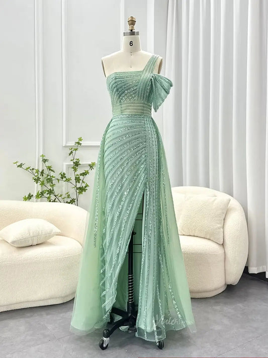 prom dresses 2025 Elegant Beaded Prom Dresses One Shoulder Luxury 20s Formal Dress with Slit S20234-plus size wedding dresses Viniodress-Light Green-US 2-