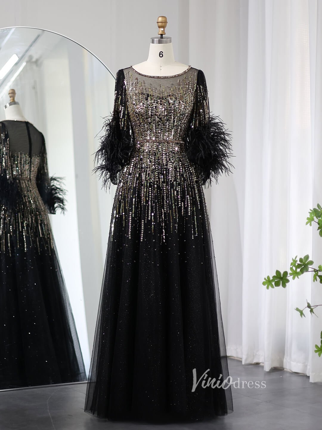 Elegant Beaded Sequin Prom Dresses Feather Half Sleeve Mother of the Bride Dress AD1169 - ViniodressEvening DressesBlackUS 2 - Formal Dresses - Ball Gowns