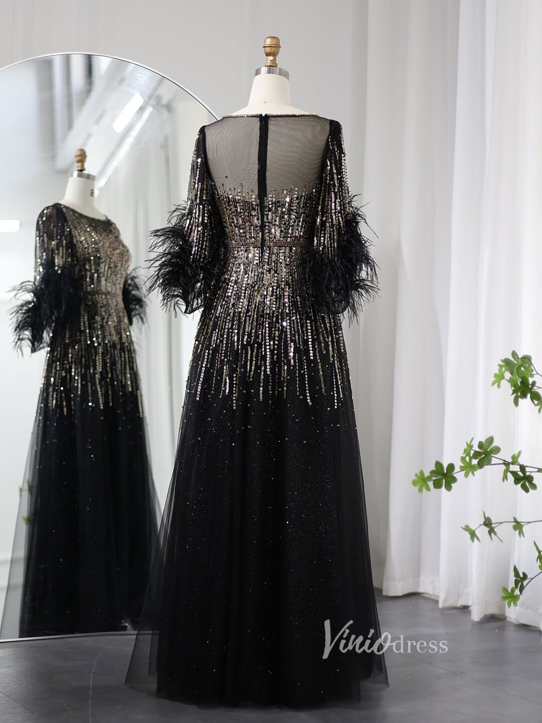 Elegant Beaded Sequin Prom Dresses Feather Half Sleeve Mother of the Bride Dress AD1169 - ViniodressEvening DressesBlackUS 2 - Formal Dresses - Ball Gowns