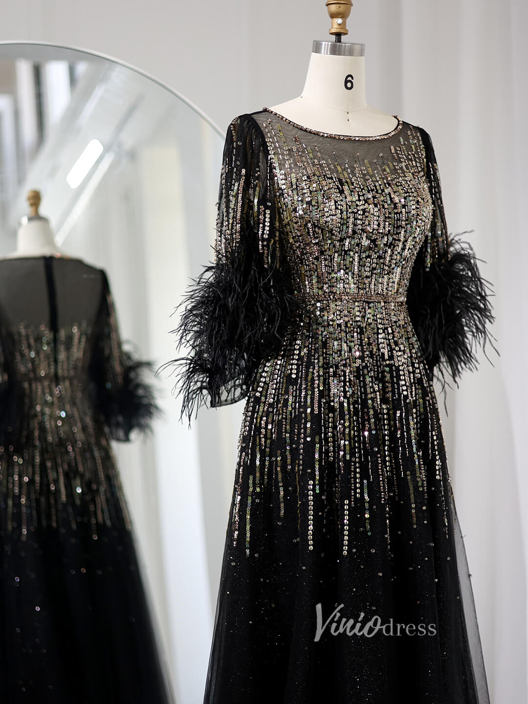 Elegant Beaded Sequin Prom Dresses Feather Half Sleeve Mother of the Bride Dress AD1169 - ViniodressEvening DressesBlackUS 2 - Formal Dresses - Ball Gowns