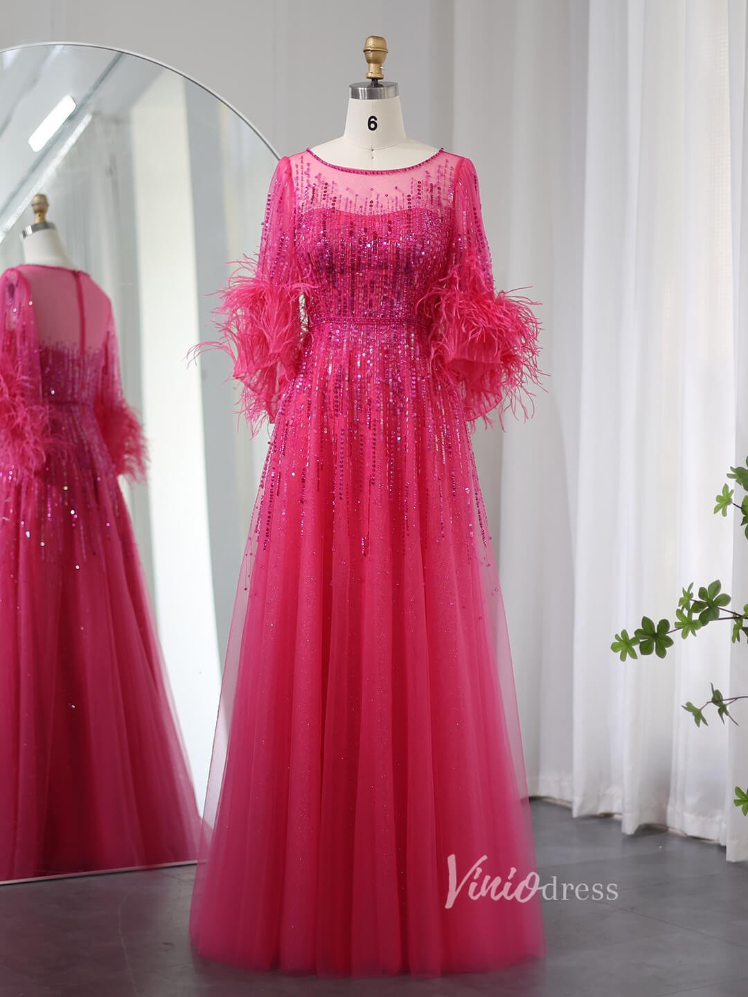 Elegant Beaded Sequin Prom Dresses Feather Half Sleeve Mother of the Bride Dress AD1169 - ViniodressEvening DressesFuchsiaUS 2 - Formal Dresses - Ball Gowns