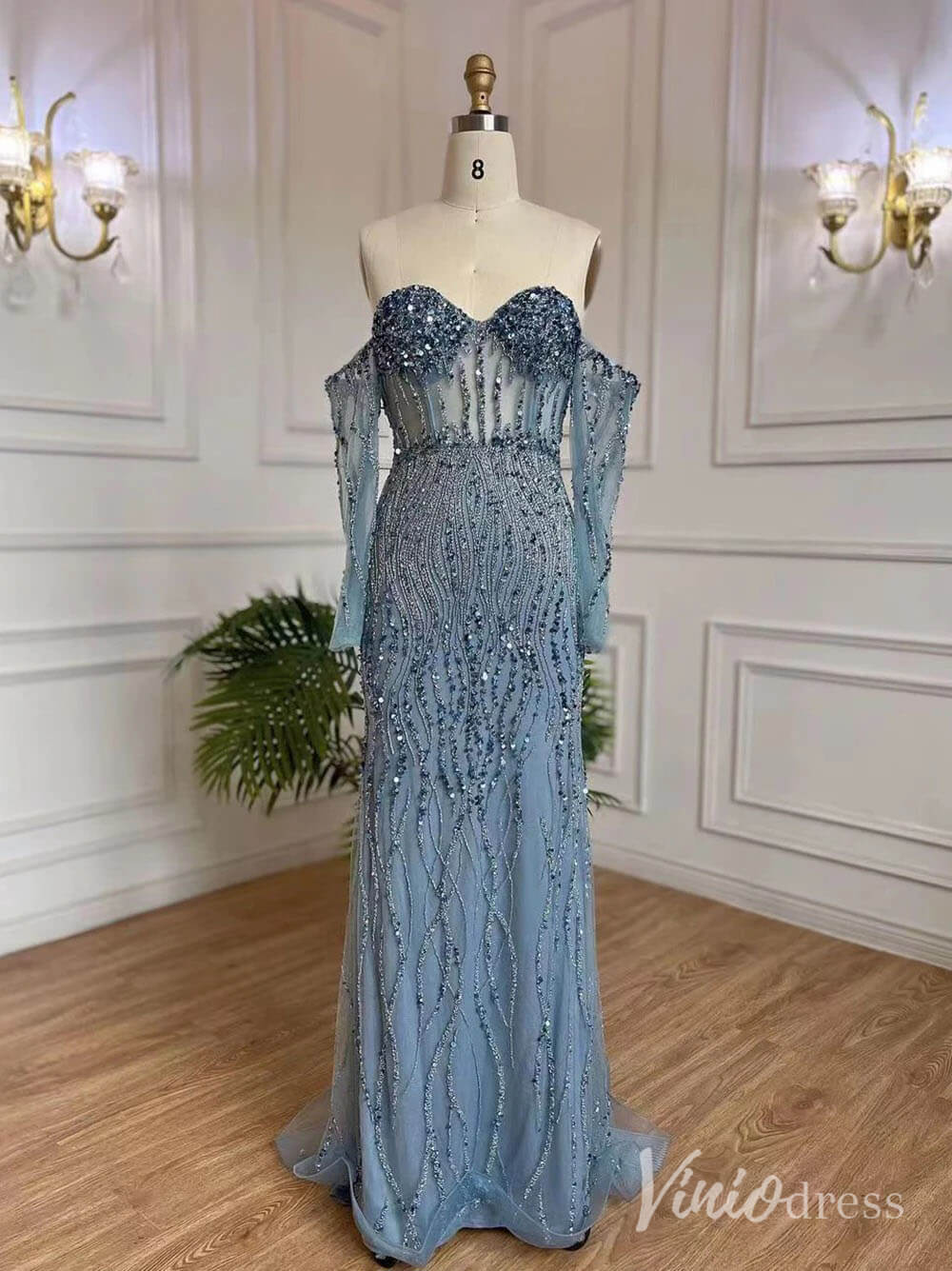 Elegant Beaded Sheath Prom Dresses Spaghetti Strap Long Sleeve Pageant Dress AD1237 - ViniodressEvening DressesDusty BlueUS 2 - Formal Dresses - Ball Gowns