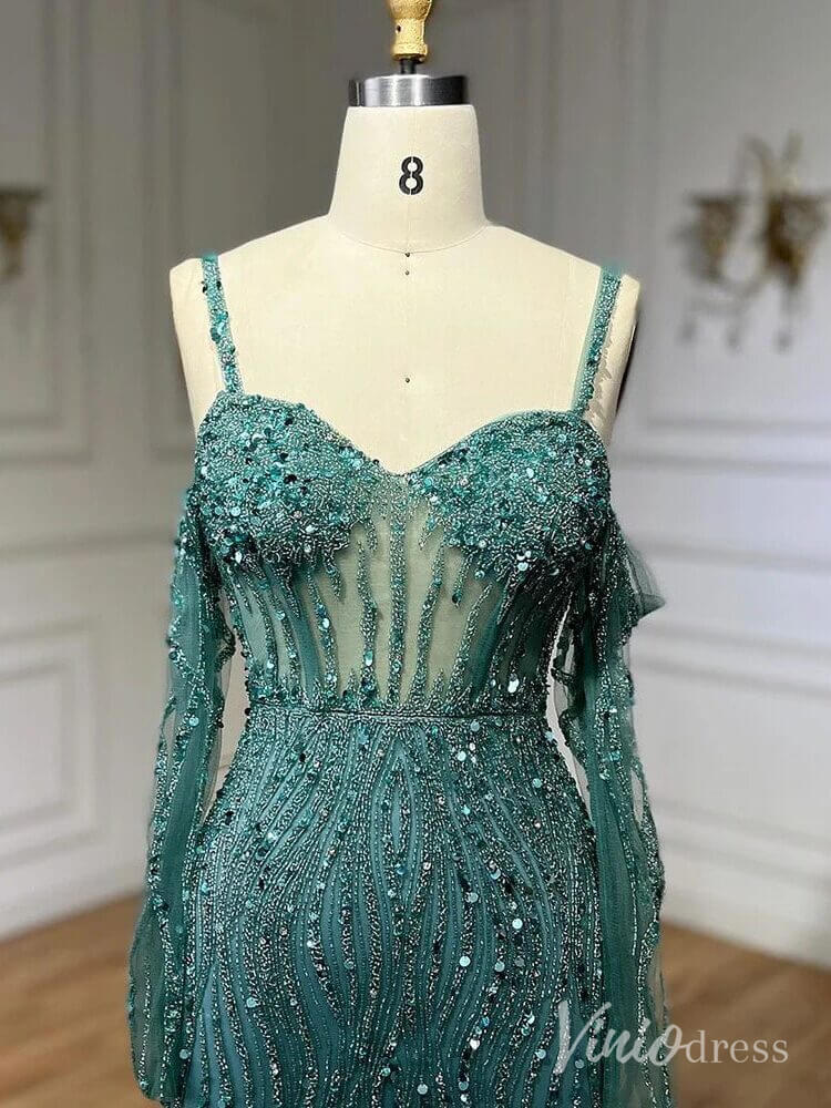 Elegant Beaded Sheath Prom Dresses Spaghetti Strap Long Sleeve Pageant Dress AD1237 - ViniodressEvening DressesGreenUS 2 - Formal Dresses - Ball Gowns