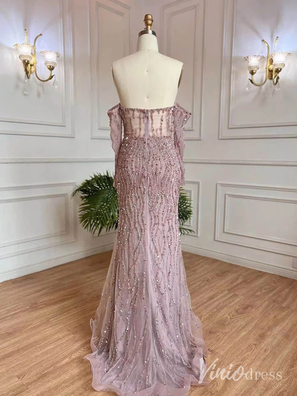 Elegant Beaded Sheath Prom Dresses Spaghetti Strap Long Sleeve Pageant Dress AD1237 - ViniodressEvening DressesDusty RoseUS 2 - Formal Dresses - Ball Gowns